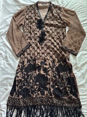 Beaded Tassel-Trim Women's Dress - Brown & Black